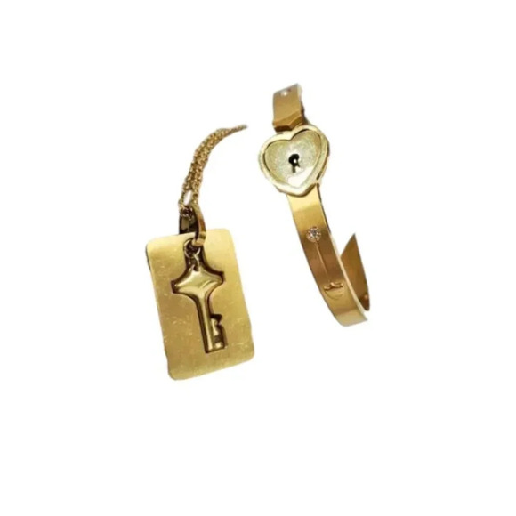 Golden Lock and Key Bracelet and Necklace Couples Jewelry - Picture 7 of 10